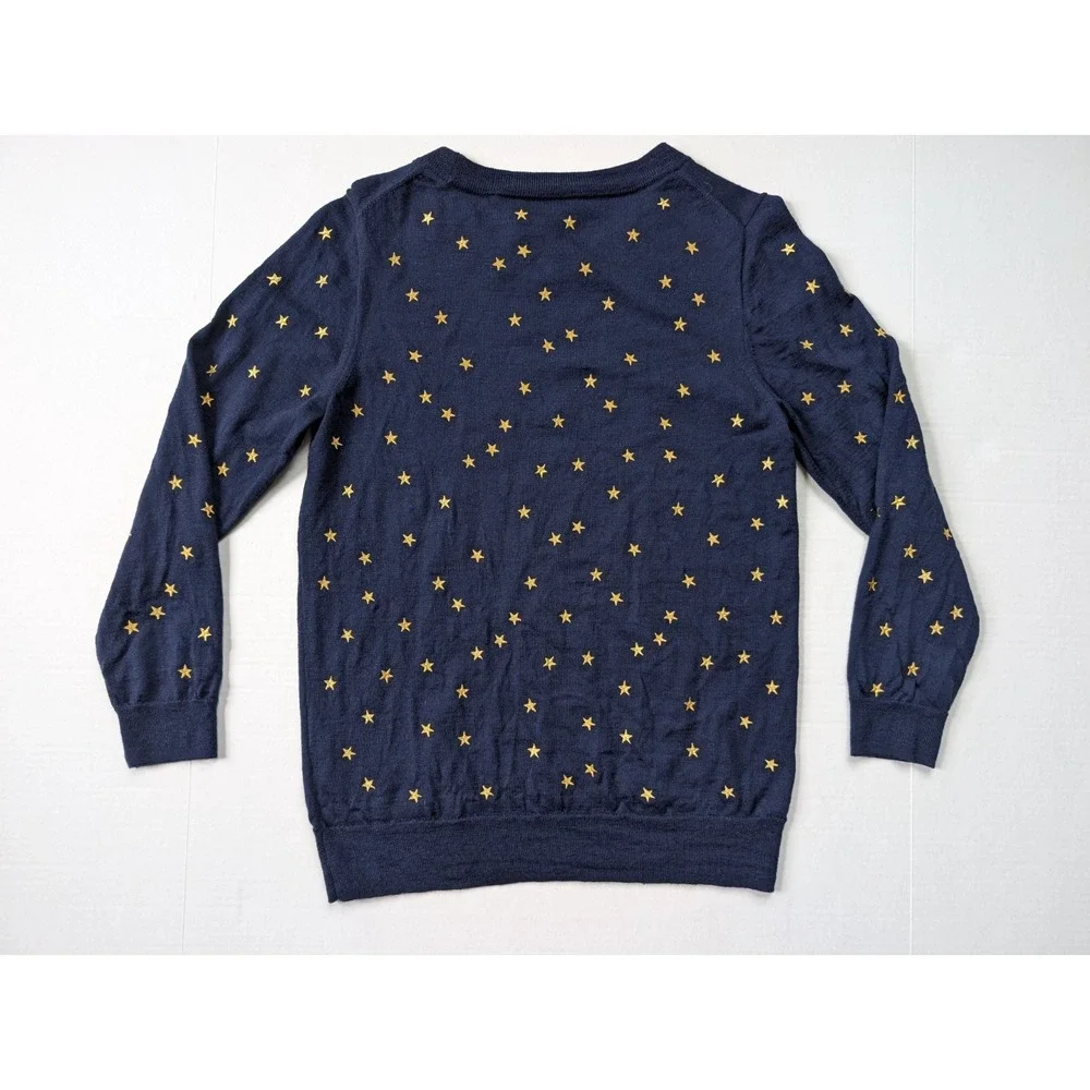 J Crew Merino Wool Womens Sweater Medium Navy Blue Stars Long Sleeve - Picture 9 of 9